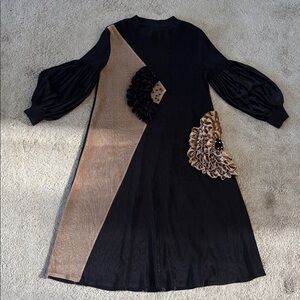 Elegant Black and Tan velvet Dress with Ruffle Details